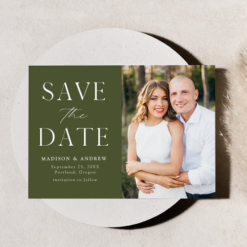 Modern Elegant Olive Green Photo Save The Date