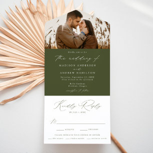 Modern Elegant Olive Green Photo Wedding All In One Invitation