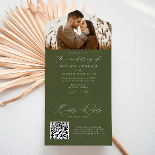 Modern Elegant Olive Green Photo Wedding All In One Invitation