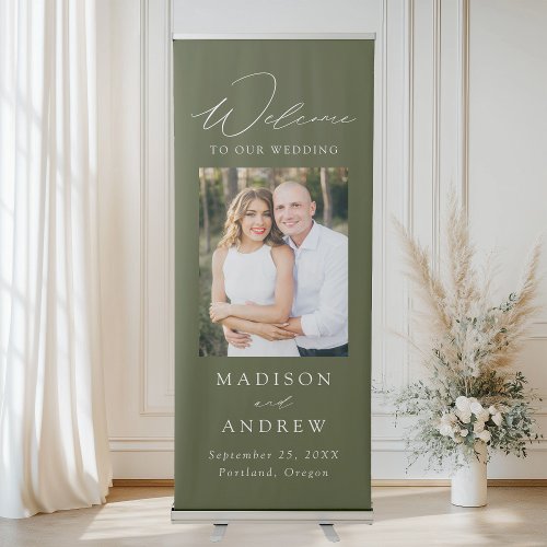 Modern Elegant Olive Green Photo Wedding Welcome Retractable Banner