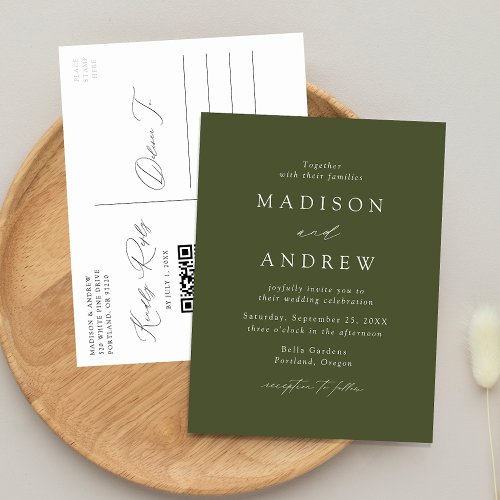 Modern Elegant Olive Green QR Code Wedding Invitation Postcard