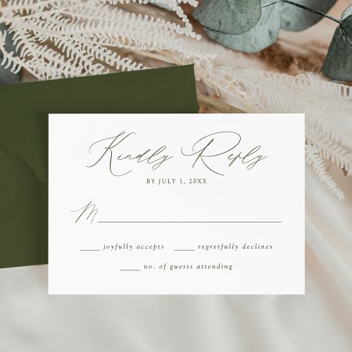Modern Elegant Olive Green Script Wedding RSVP Card