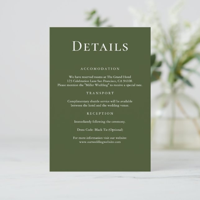 Modern Elegant Olive Green Wedding Details Enclosure Card (Standing Front)