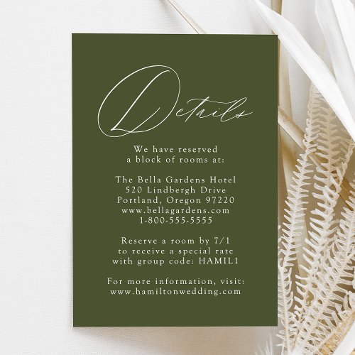 Modern Elegant Olive Green Wedding Details Enclosure Card