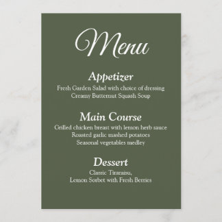 Modern Elegant Olive Green Wedding Menu Card