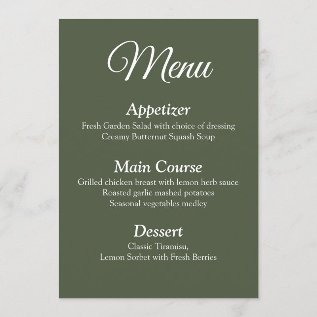 Modern Elegant Olive Green Wedding Menu Card (Front)