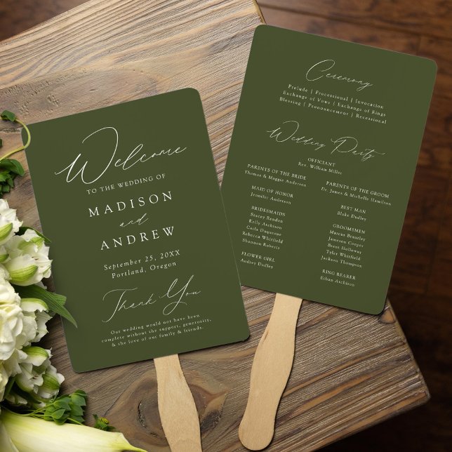 Modern Elegant Olive Green Wedding Program Hand Fan (Creator Uploaded)