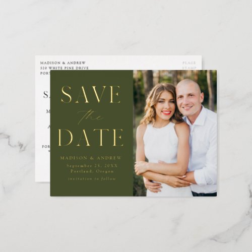 Modern Elegant Olive Green Wedding Save the Date Foil Invitation Postcard