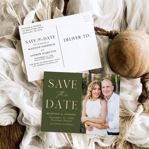 Modern Elegant Olive Green Wedding Save the Date Foil Invitation Postcard