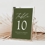 Modern Elegant Olive Green Wedding Table Number<br><div class="desc">Trendy, minimalist wedding table number cards featuring white lettering with "Table" in modern calligraphy script. The design features an olive green background or a color of your choice. The design repeats on the back. To order the table cards: add your name, wedding date, and table number. Add each number to...</div>