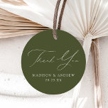 Modern Elegant Olive Green Wedding Thank You Favor Tags<br><div class="desc">Elegant wedding favor tags displaying "Thank You" in a beautiful white calligraphy script with an olive green background or color of your choice. Personalize the front of the thank you favor tags with your names and wedding date. The olive green wedding thank you favor tag reverses to display your custom...</div>
