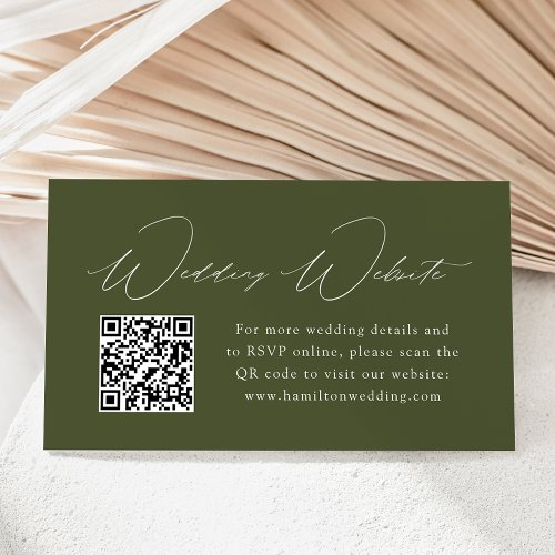 Modern Elegant Olive Green Wedding Website QR Code Enclosure Card