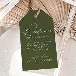 Modern Elegant Olive Green Wedding Welcome Gift Tags<br><div class="desc">These elegant calligraphy wedding welcome gift tags are perfect for both casual and formal weddings. The design features a modern white calligraphy script with an olive green background or color of your choice. Personalize the olive green wedding welcome gift tags with a short welcome message, your names, etc. The minimalist...</div>