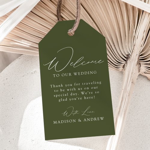 Modern Elegant Olive Green Wedding Welcome Gift Tags