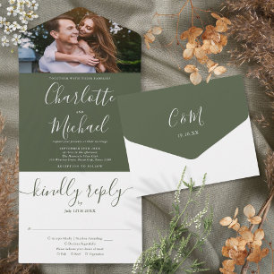Modern Elegant Olive Script Photo Wedding All In One Invitation