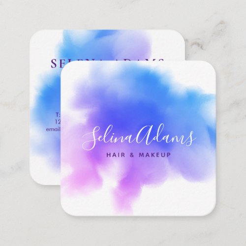 Modern Elegant Ombre Blue Pink Watercolor Abstract Square Business Card