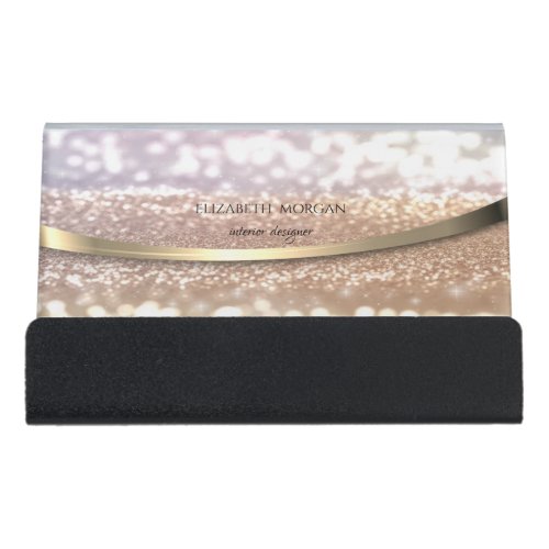 Modern Elegant Ombre Glitter Bokeh Gold Stripe Desk Business Card Holder
