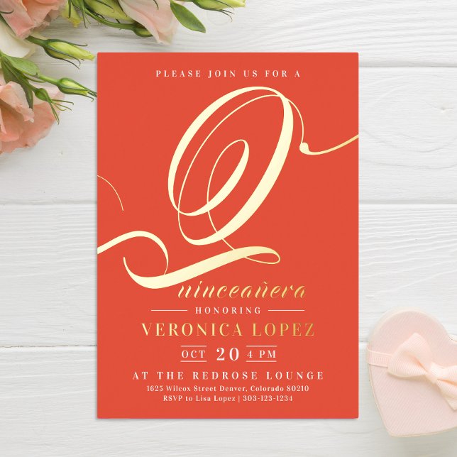Modern Elegant Orange Red 15th Quinceañera Party Foil Invitation (Creator Uploaded)