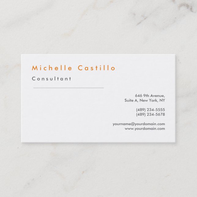 Modern Elegant Orange White Minimalist Plain Business Card (Front)