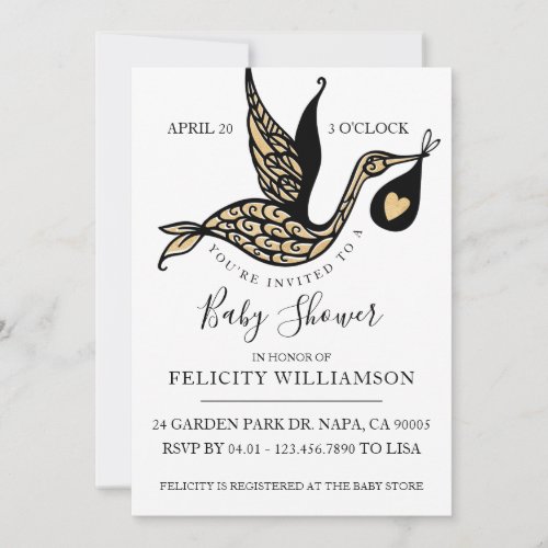 Modern Elegant Ornate Stork Baby Shower Invitation