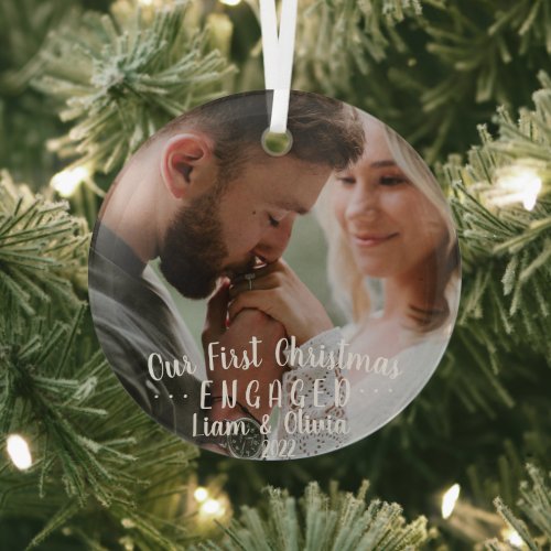 Modern Elegant Our First Christmas Couple Photo  Glass Ornament
