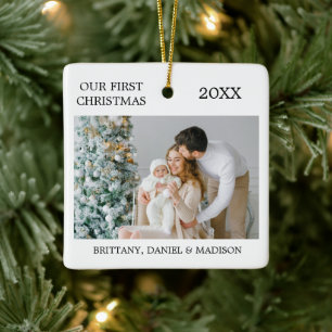 Modern Elegant Our First Christmas Photo Ceramic Ornament
