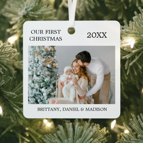 Modern Elegant Our First Christmas Photo Metal Ornament