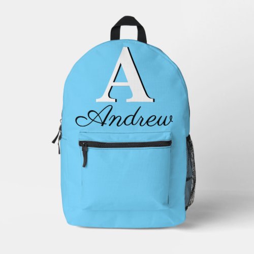 Modern Elegant Pale Cyan Monogram  Printed Backpack