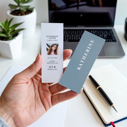 Modern elegant pastel blue minimalist photo writer mini business card