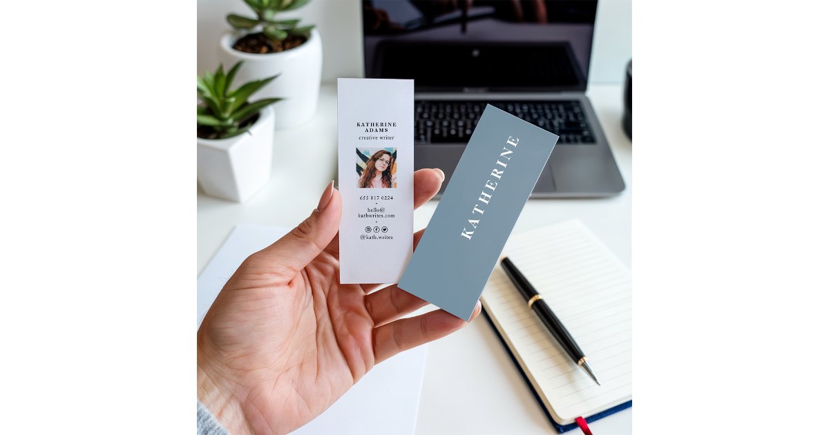 Modern elegant pastel blue minimalist photo writer mini business card ...
