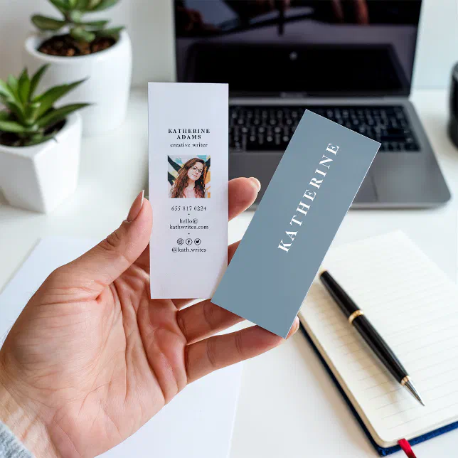 Modern elegant pastel blue minimalist photo writer mini business card ...