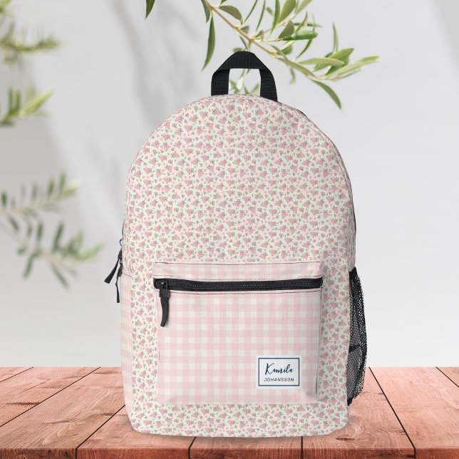 Modern Elegant Pastel Pink Beige Floral Gingham Printed Backpack (Creator Uploaded)