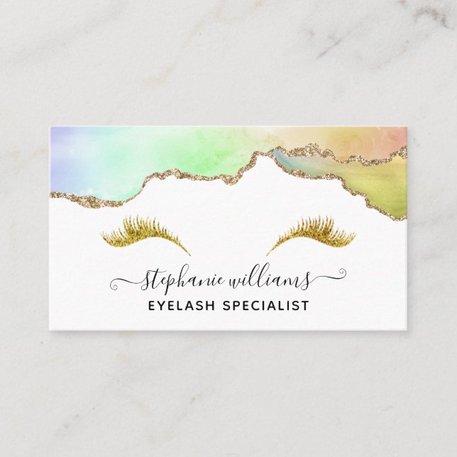 Modern Elegant Pastel Rainbow Gold Agate Lashes Business Card (Front)