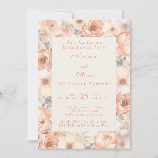 Modern Elegant Peach Beige Floral Engagement Party Invitation (Front)