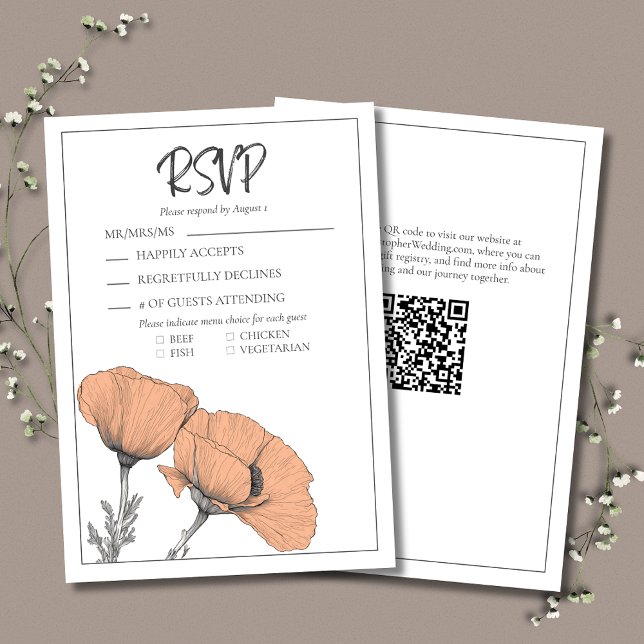 Modern Elegant Peach Floral Poppies Wedding RSVP Card (Peach Wedding RSVP Card with Poppies, Guest Response, Meal Selections, and Modern Typography.)