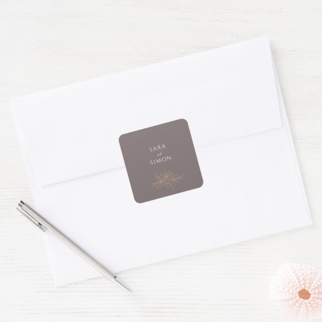 Modern elegant peach floral wedding  square sticker (Envelope)