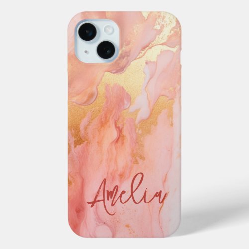 Modern Elegant Peach Gold Marble Personalized Name iPhone 15 Plus Case