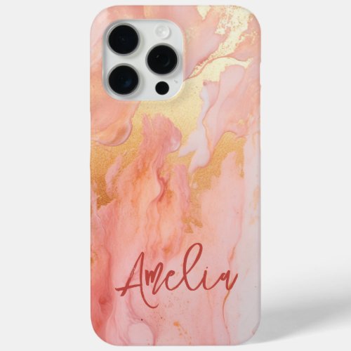 Modern Elegant Peach Gold Marble Personalized Name iPhone 15 Pro Max Case