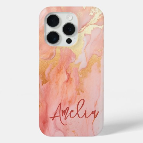 Modern Elegant Peach Gold Marble Personalized Name iPhone 15 Pro Case
