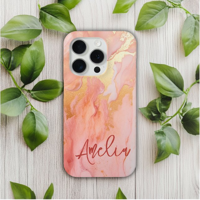 Modern Elegant Peach Gold Marble Personalized Name Case-Mate iPhone Case (Creator Uploaded)