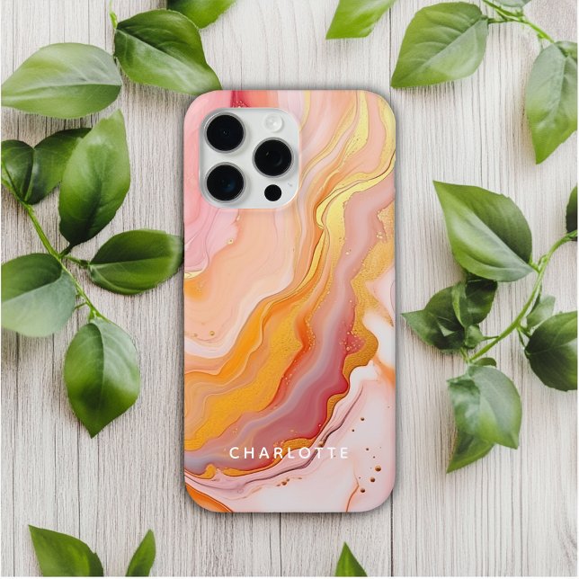 Modern Elegant Peach Gold Marble Personalized Name Case-Mate iPhone Case (Creator Uploaded)