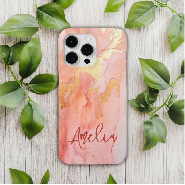 Modern Elegant Peach Gold Marble Personalized Name Case-Mate iPhone Case (Creator Uploaded)
