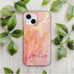 Modern Elegant Peach Gold Marble Personalized Name iPhone 15 Case