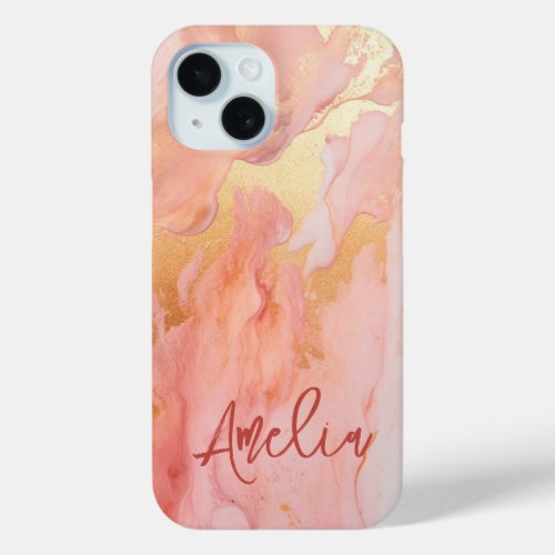 Modern Elegant Peach Gold Marble Personalized Name iPhone 15 Case