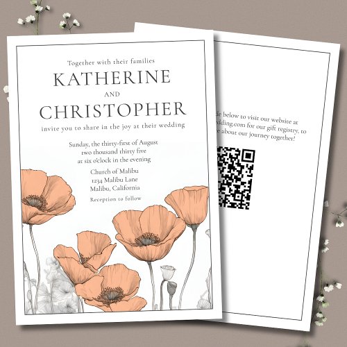 Modern Elegant Peach Poppies Floral Wedding Invitation