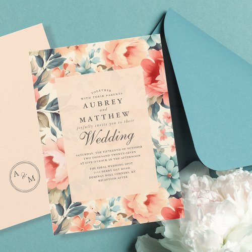 Modern Elegant Peach  Teal Floral Wedding Invitation