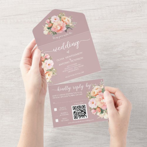 Modern Elegant Peonies Dusty Rose QR Code Wedding All In One Invitation