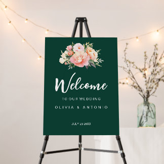 Modern Elegant Peonies Emerald Wedding Welcome Foam Board