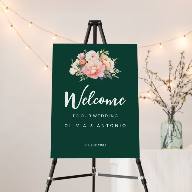 Modern Elegant Peonies Emerald Wedding Welcome Foam Board (In Situ (Stand))