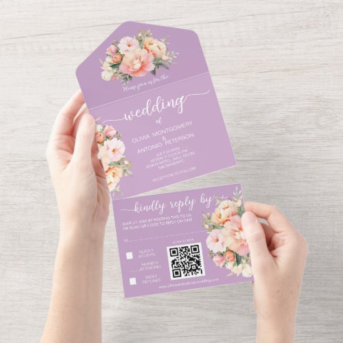 Modern Elegant Peonies Lilac QR Code Wedding All In One Invitation